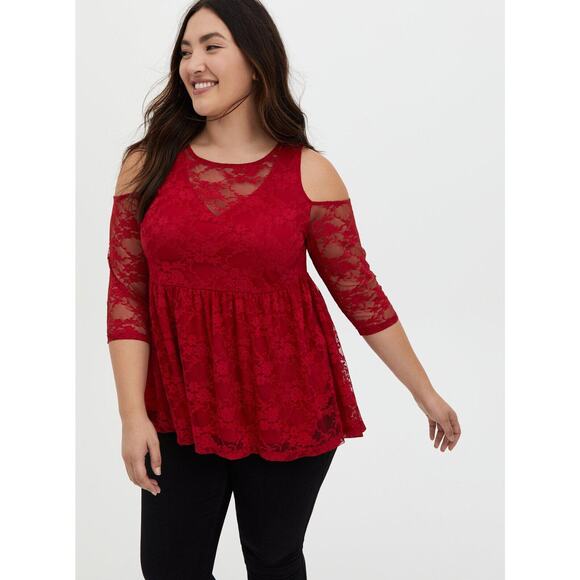 torrid Tops - Torrid Babydoll Stretch Lace Cold Shoulder Top Biking Red Plus Size 4 4X